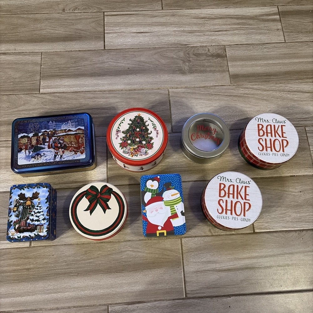 Variety of 8 Holiday Themed Tin Containers
